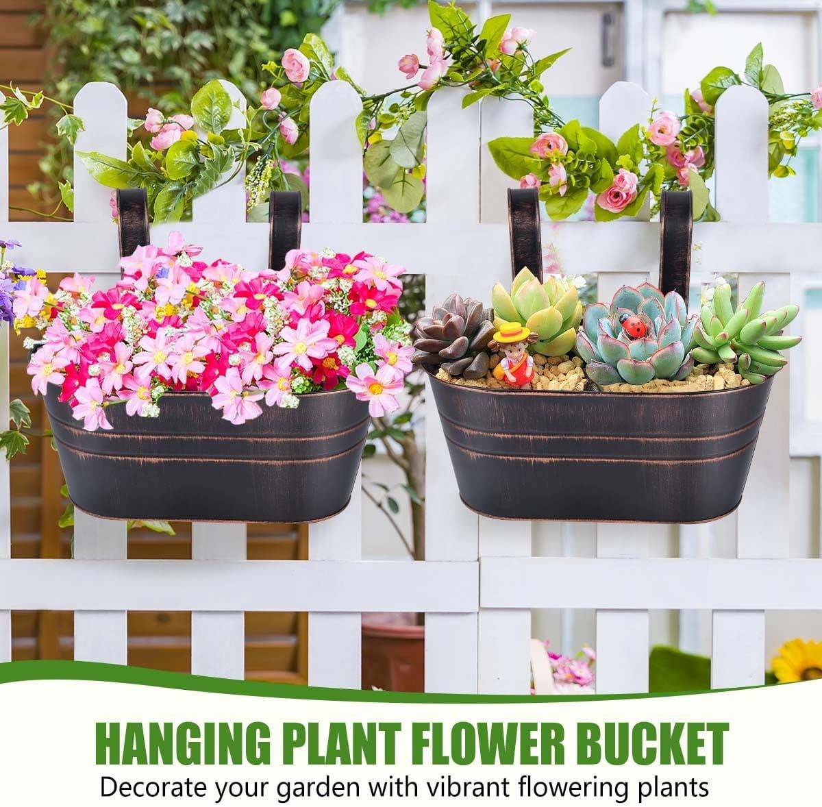 4 Pack Metal Hanging Flower Pots Iron Railing Planter Outdoor Fence Hanging Pots Bucket Plant Holder with Detachable Hooks Drain Holes for Home Garden Yard Decor (Black)