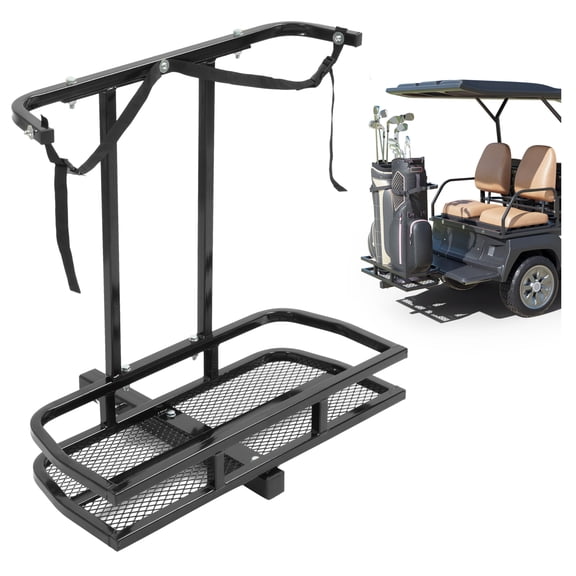KOJEM Golf Bag Holder Compatible with Club Car/EZGO/Yamaha with 2" Receiver Golf Cart Rear Seat Bag Holder Rack Steel Powder Coated Black
