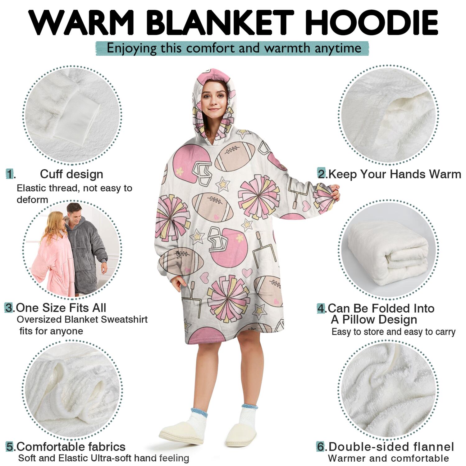 Pink Football Wearable Oversized Blanket,Wearable Blanket Hoodie for Adults,Cozy Hooded Blankets with Super Pockets,Super Warm Fuzzy Pullover for Women & Men