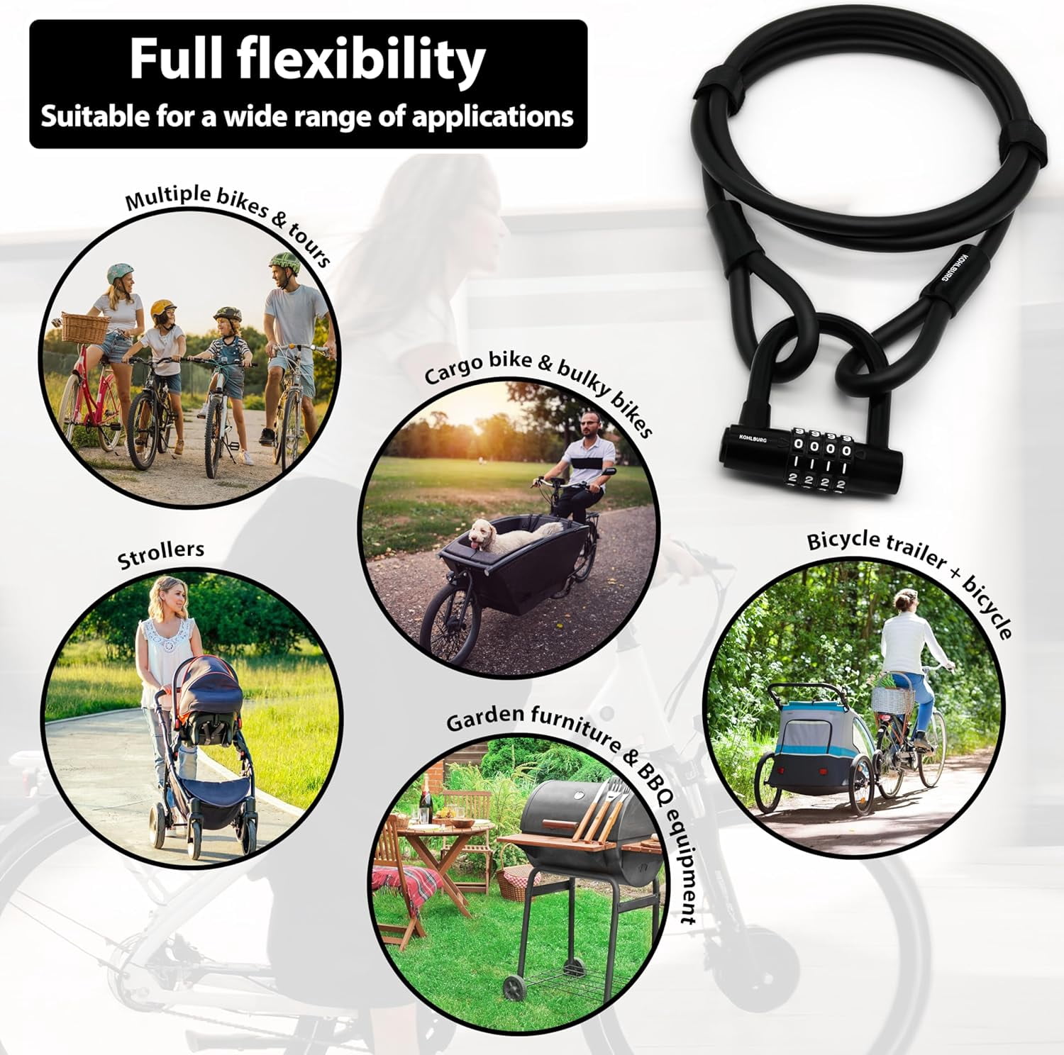 Cable Lock 6.5ft / 2 Meter Long with Code – 79” / 200cm Combination Lock – Steel Cable Lock with Hook & Loop Straps – Steel Cable with Number Padlock for Bicycle, Garden Furniture & Bike Lock