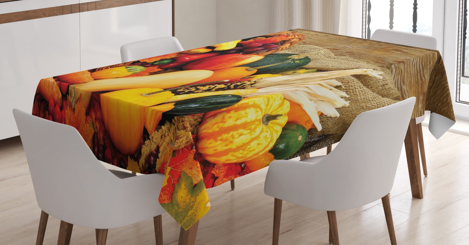 Harvest Tablecloth, Thanksgiving Related Foods Scattered on Wooden