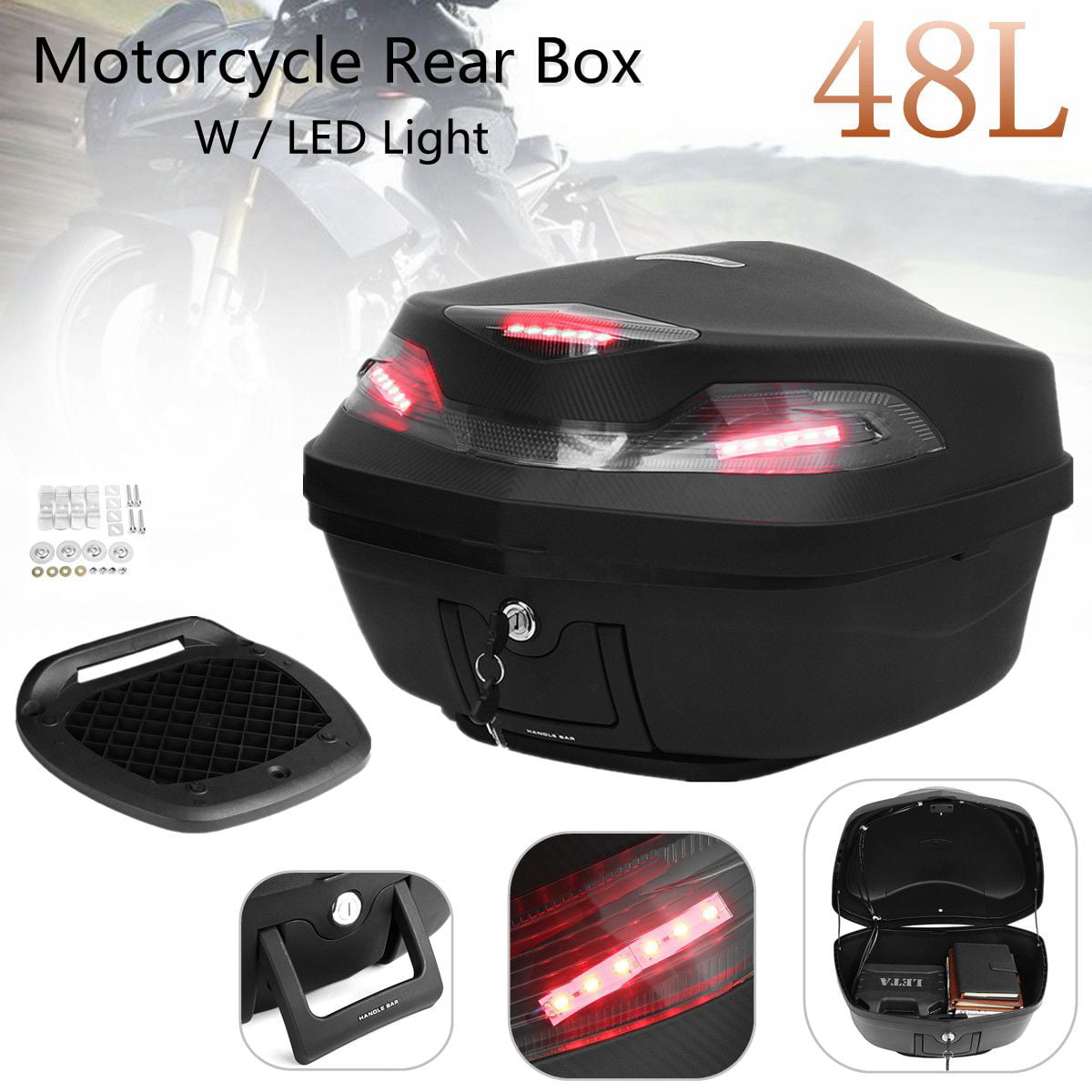 ZHANGAO 48L Motorcycle Scooter Top Box Topbox Rear Luggage Storage W/LED Light Universal Decorative lights