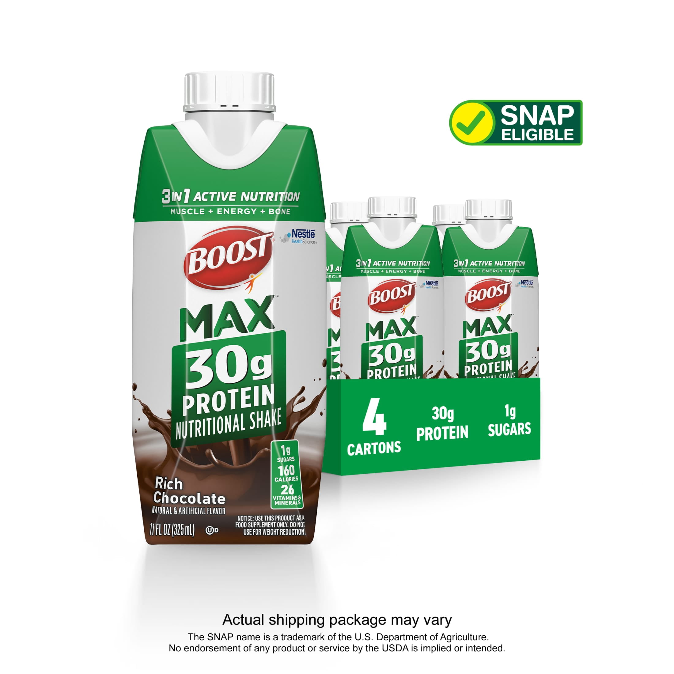 (3 pack) BOOST Max 30g High Protein Nutritional Drink Shakes, Rich Chocolate, 11 fl oz, 4 Pack
