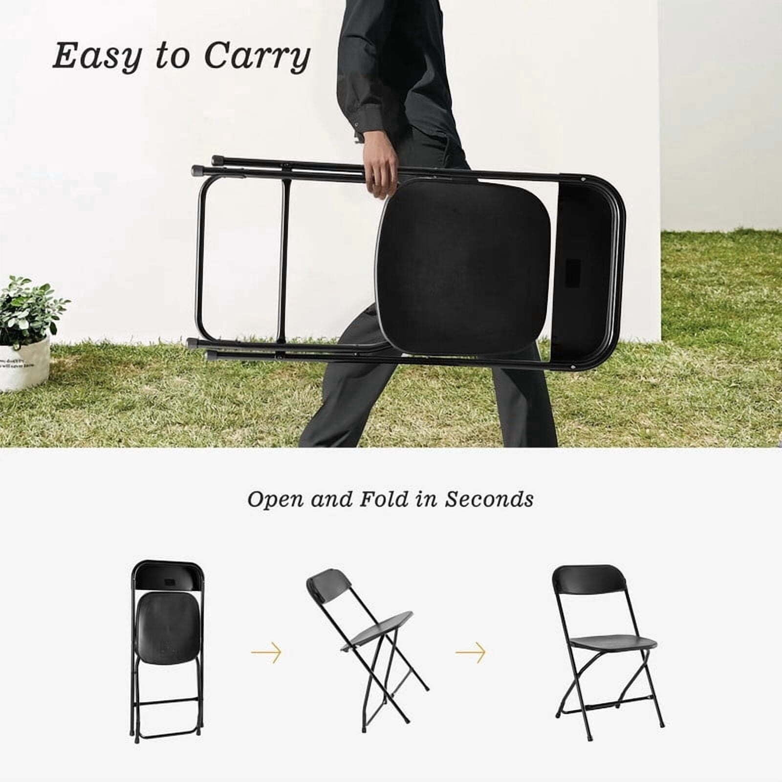 Kelno Plastic Folding Chair Set of 6 Portable Seating with Lightweight Metal Frame, Black