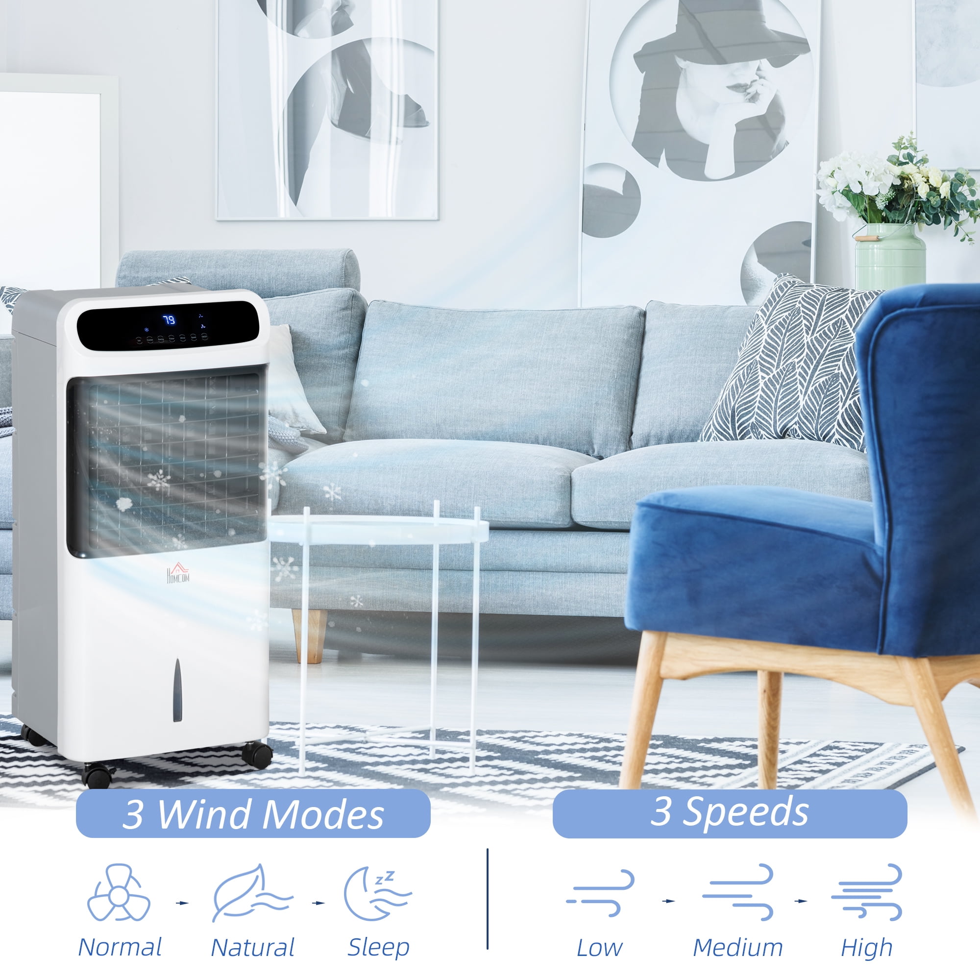 HOMCOM 32" Evaporative Air Cooler with 3.2 Gal Water Tank, 60Â° Oscillating, 3-In-1 Ice Cooling Fan, Portable Swamp Cooler with Humidifier for Home Office, 3 Modes, 3 Speeds, 12H Timer, Remote, White