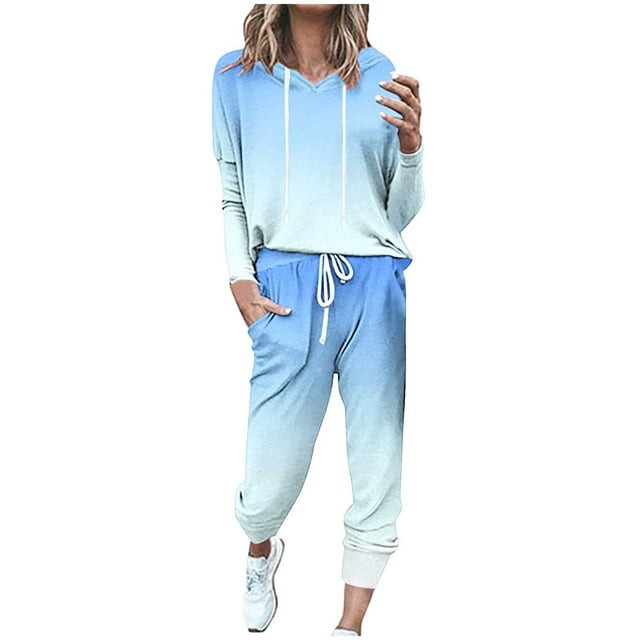 UAMVSH Ensembles de Jogging pour Femmes Chandail à Capuchon à Manches Longues à Col Rond avec Pantalon Jogger Couleur Dégradée Tendance Ensemble de Survêtement 2 Pcs (X-Grand, Bleu Pâle)