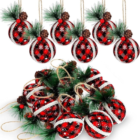12Pcs,3.14in Shatterproof Christmas Ball Ornaments with Pinecones & Greenery, Red Black Plaid Fabric Ball Christmas Ball Ornaments Christmas Hanging Ornament for Xmas Tree Ornaments