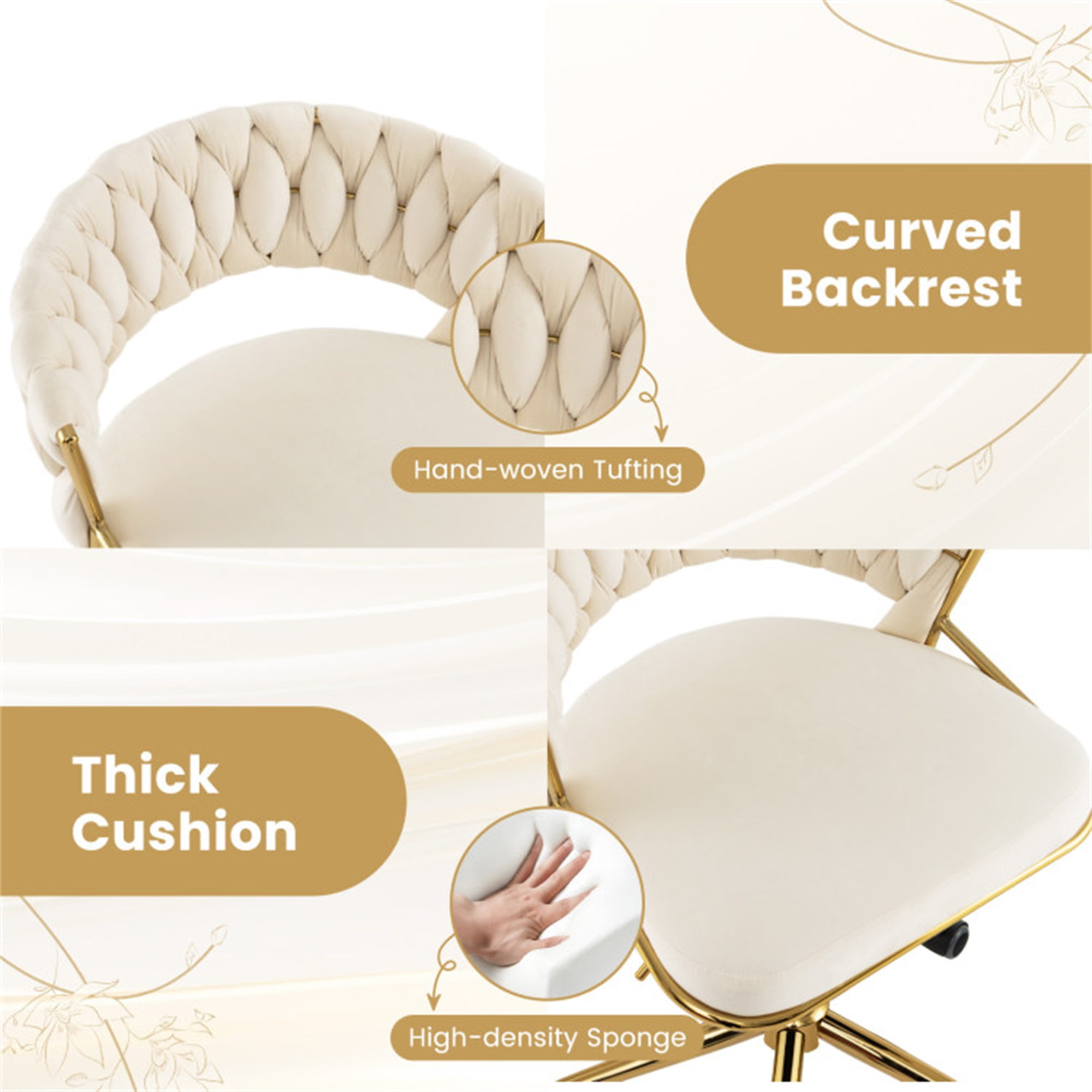 Demi Bonn 360° Height Adjustable Swivel Upholstered Desk Computer Chair with Hand-woven Back for Home, Bedroom, Study, Beige