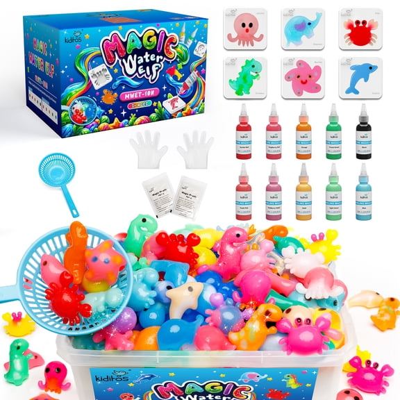 Kiditos Magic Water Elf Toy Kit - 10 Gels & 6 Molds, Squishies for Kids, DIY Sensory Craft Kit, Make Your Own Magic Water Pets, STEM Science Activity, Party Favors & Birthday Gifts for Kids Ages 3