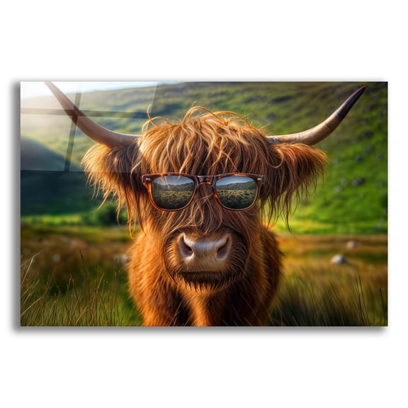 Epic Art 'Highland Cow Sunglasses 2' by Rey Klimt Acrylic Glass Wall Art, 24" x 16"