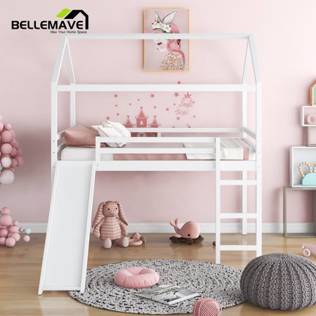 Bellemave White Full Size Kids Loft Bed with Slide for Boys, Girls, Wood Kids House Loft Bed with Roof, Slide and Ladder for Kids, Teen, Bedroom