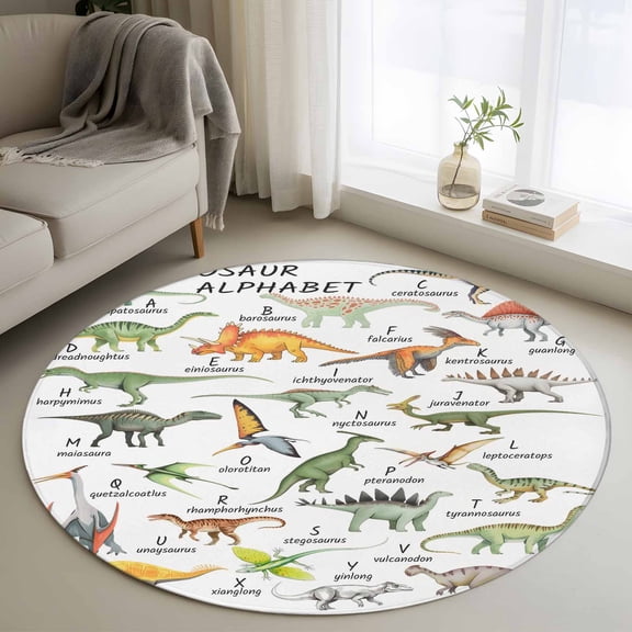 Round Area Rugs Collection 3 Ft, Dinosaur Non-Slip Residential Carpet, Funny Dino Cute Cartoon Boys Girls Children Indoor Crawling Mats Doormat Runner Rugs Play Mat for Bedroom