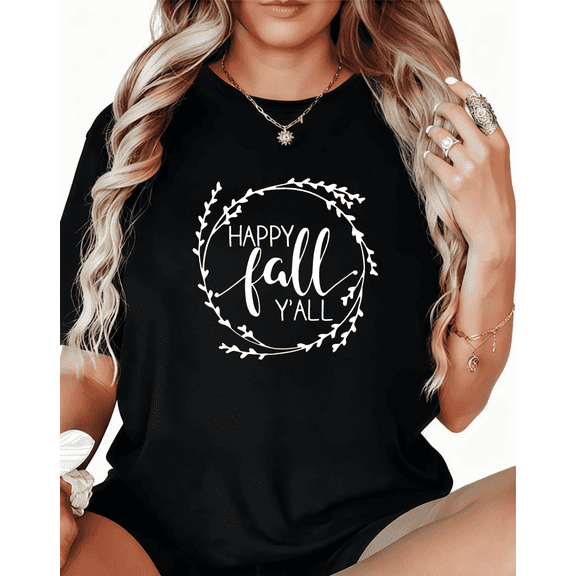 Happy Fall Yall Tee T Shirt Graphic Cozy Cute Seasonal Design Soft Tops Short Sleeve Round Neck Black S-5XL