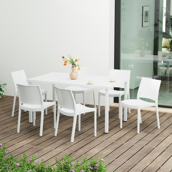 WestinTrends Playa 7-Piece Outdoor Rectangular Metal Patio Dining Table Set With Stackable Resin Patio Side Chairs, White