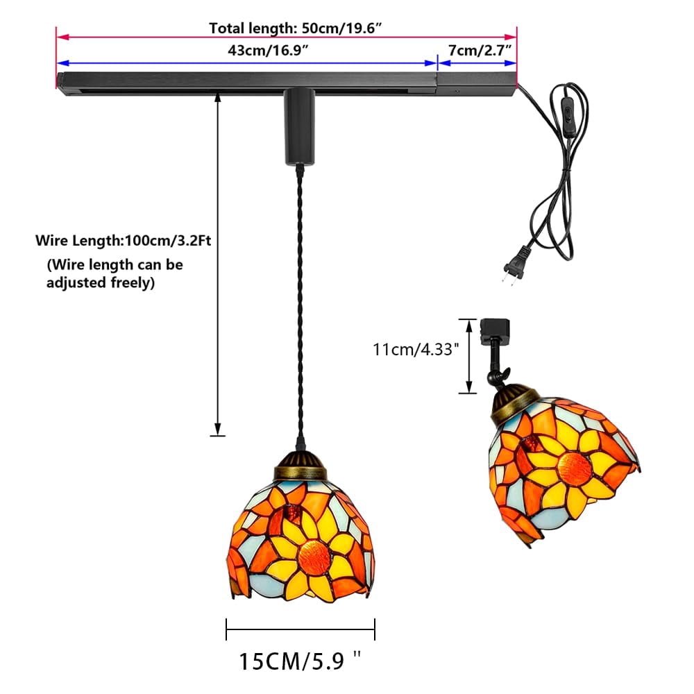 KAYYELAMP 1x Plug in Cable Track Rail, 1X Adjustable Cord, 1x Adjustable Angle Colorful Sunflowers Pattern Handmade Glass Tiffany H-Type Track Lighting Fixture for Kitchen Loft(No Bulb)