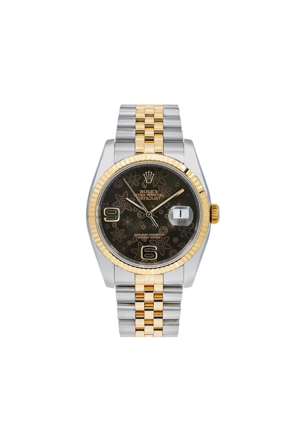 Pre-Owned Rolex Datejust 36MM 116233 Brown Floral Arabic Dial Fluted Bezel Two Tone Yellow Gold Jubilee Bracelet