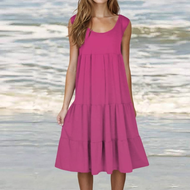 Gspmoly Robes d'Été, Mode Femme Vacances Été Couleur Unie Sans Manches Robe de Plage de Fête Robes de Fête pour Femmes Liquidation