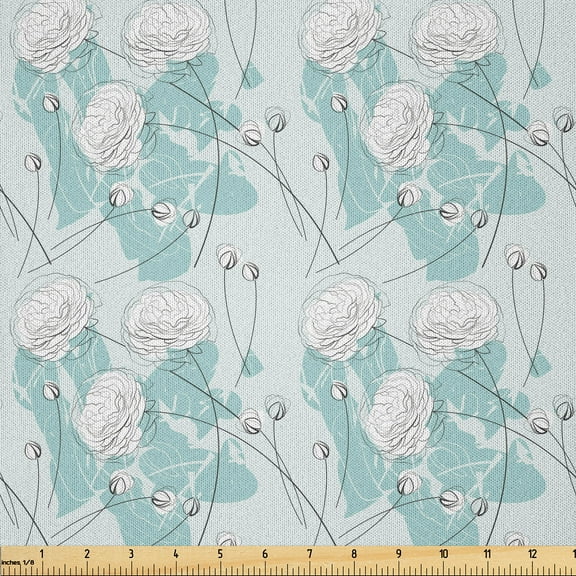 Ambesonne Floral Fabric by the Yard Microfiber, Flower Type Branches Contour, 5 Yards, White Grey Teal