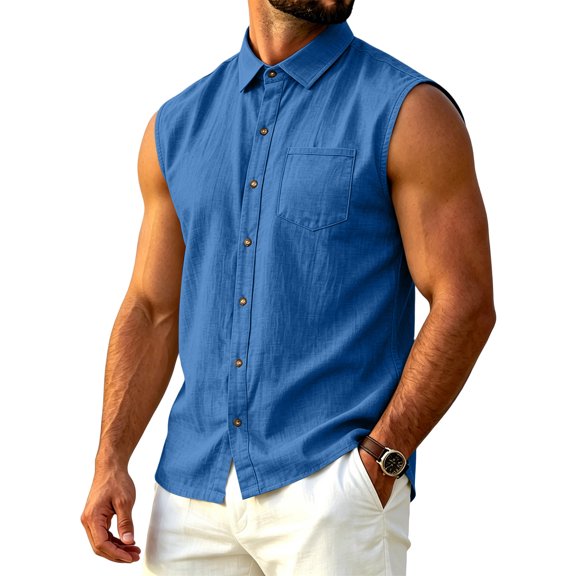 Summer Cotton Linen Sleeveless Shirts for Men Beach Button Down Collared Muscle Tank Top with Pocket Casual Vacation Tops
