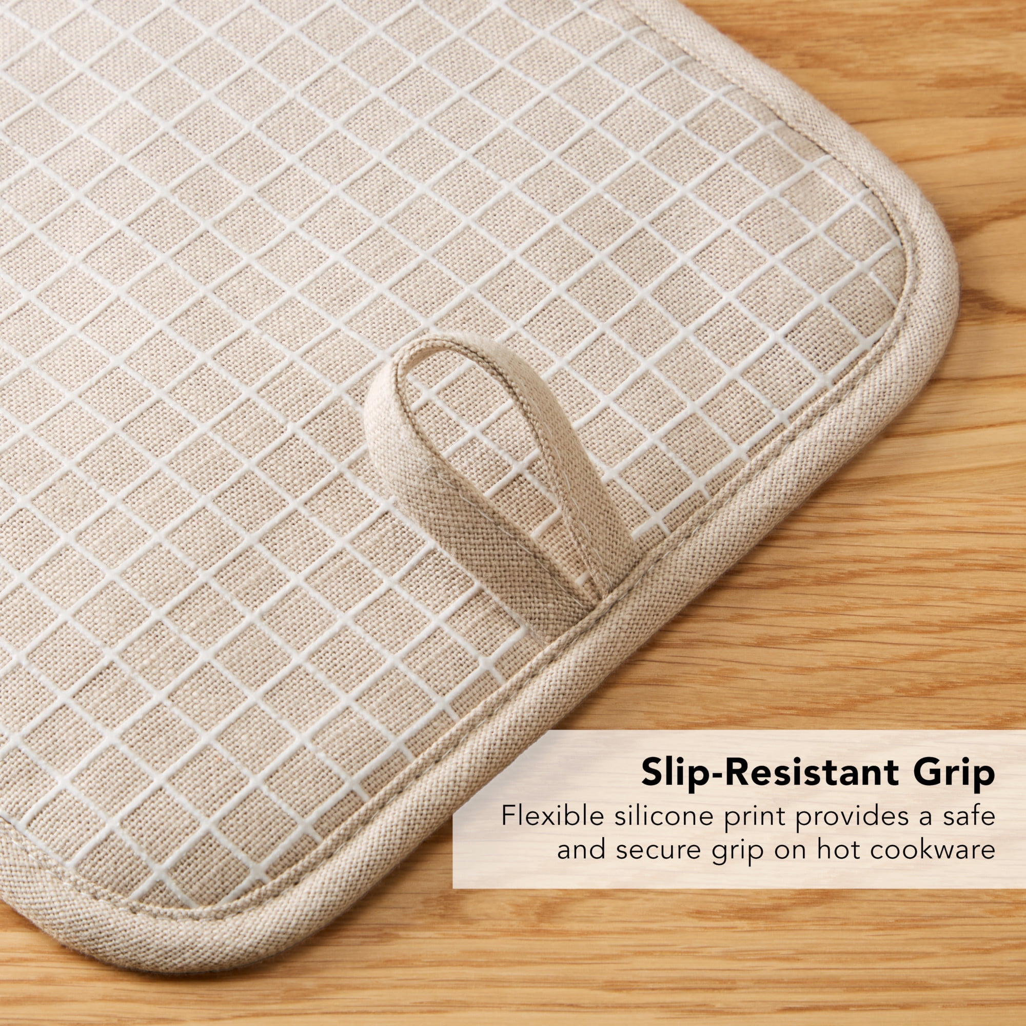 KITCHENAID Gourmet Series Gridlines Pot Holders 2-Pack Set, Heat Resistant up to 600°F, Soft Silicone Grip, Magnetic Cuff, Milkshake Tan, 8"x8"