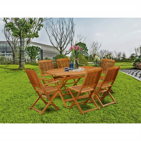 East West Furniture Diboll 7-piece Wood Outdoor Dining Set in Natural Oil