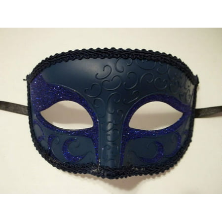 Navy Blue Venetian Men Elegant Masquerade Mardi Gras Halloween Costume Glitter Mask