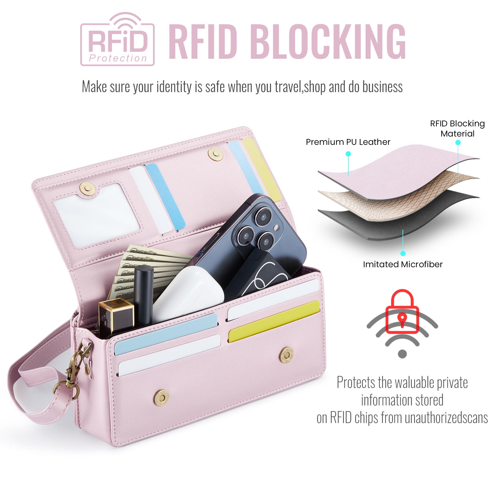 Fashion Small Crossbody Bag for Women,Cell Phone Purse Women's Shoulder Handbags Wallet Purse with RFID Blocking Credit Card Slots Zip Small Crossbody Bag Wrist strap/Shoulder strap - Pink