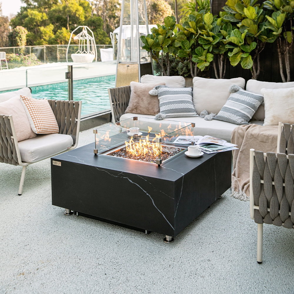 Elementi Plus Sofia Propane Fire Pit for Outside Outdoor Fire Pit Table Smokeless Firepit Marble Porcelain Square Fire Table Patio Heater Fireplace 60000 BTUs - Bulgaria Black, 39.4 x 39.4 Inches
