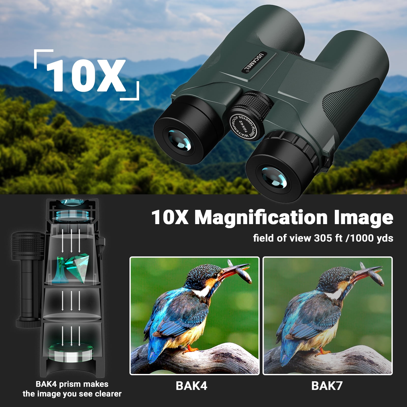 USCAMEL 10x42 Binoculars for Adults, BAK4 FMC Binoculars with Low Night Vision, Clear Image Compact Professional Hunting Binoculars Waterproof for Bird Watching, Traveling