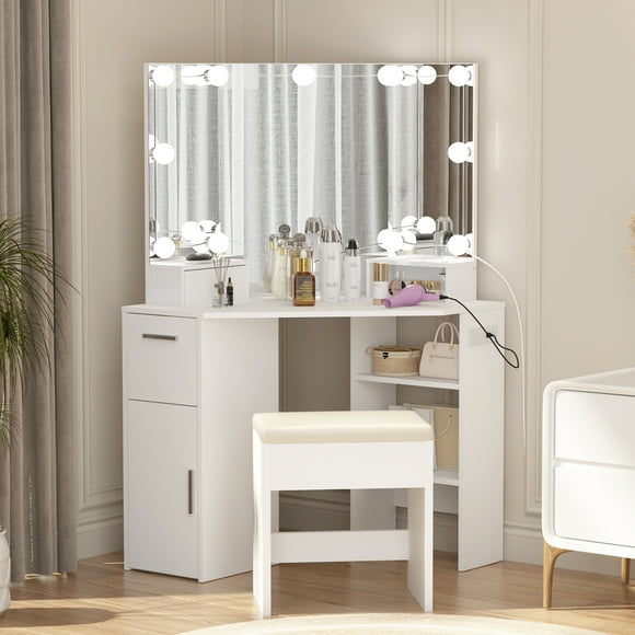 GloryStar Corner Vanity Table & Mirror Set with Lights and Power Outlet, Makeup Vanity Desk with 2 Drawers & Stool, 3-Color Lighting Options