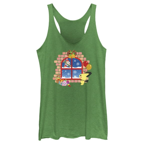 Women's Pokemon Christmas Window Racerback Tank Top Envy Green Large