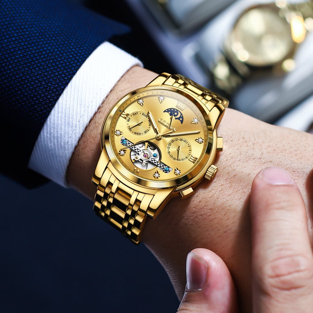 OLEVS Automatic Watches for Men Self Winding Mechanical Skeleton Flywheel Chronograph Luxury Dress Stainless Steel Diamond Moon Phase Waterproof Luminous Mens Wrist Watches Reloj Para Hombre