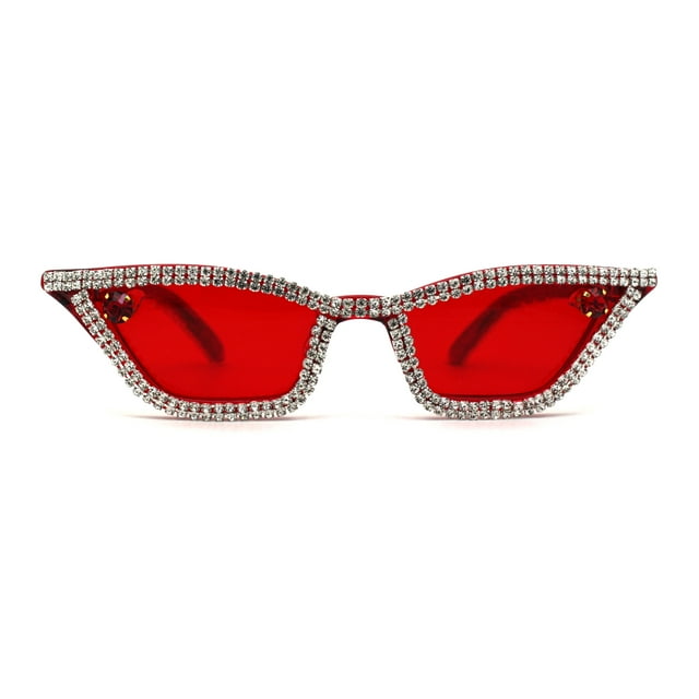 Full Rhinestone Iced Narrow Cat Eye Diva Sunglasses All Red