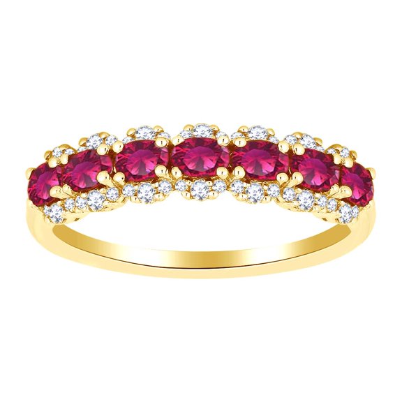 AFFY Simulated Ruby & White Natural Diamond Anniversary Band Ring In 14k Solid Yellow Gold (1.17 cttw) Ring Size-8