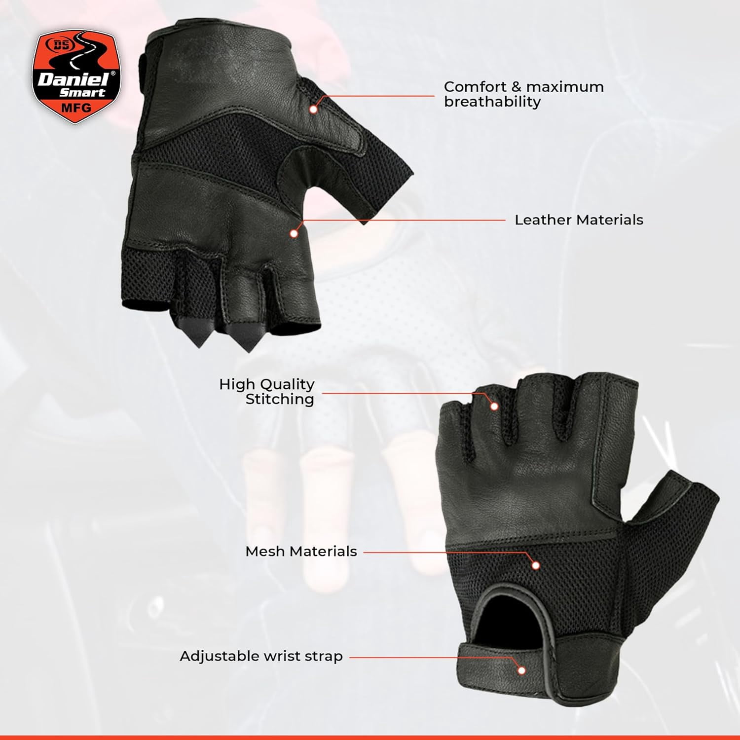 Daniel Smart Men’s Leather Gloves Fingerless Motorcycle Gloves with Gel Palm, Mesh and Synthetic Leather for Maximum Airflow