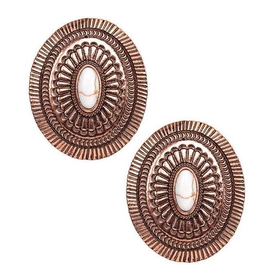 Clip on 2" western rose XL indented white stone oval earrings