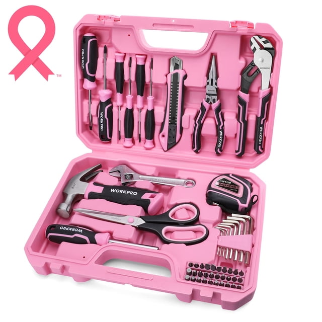 Juego de herramientas WORKPRO de 52 piezas, rosa, para mujer, con caja de herramientas de almacenami