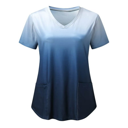 

wo-fusoul Black and Friday Deals Scrubs Tops for Women Summer Nurse Short Sleeve Shirt Party V Neck Gradient Color Pleated Working Uniform with Pockets