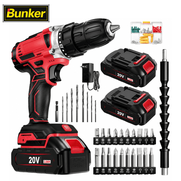 20V Cordless Drill Set, Power Drill with 2.0Ah Batteries and Charger, 21 1 Torque Settings, 2-Speed Electric Drill Driver, 34-Piece Accessories Kit with LED Light