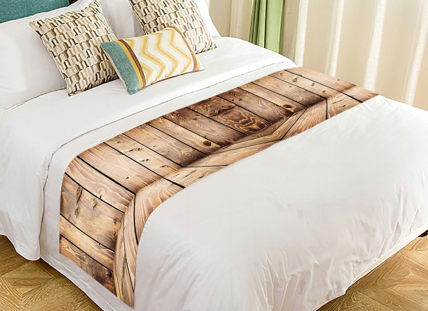 ABPHQTO Brown Wooden Planks Bed Runner Bedding Scarf Bed Decoration 20x95 inch