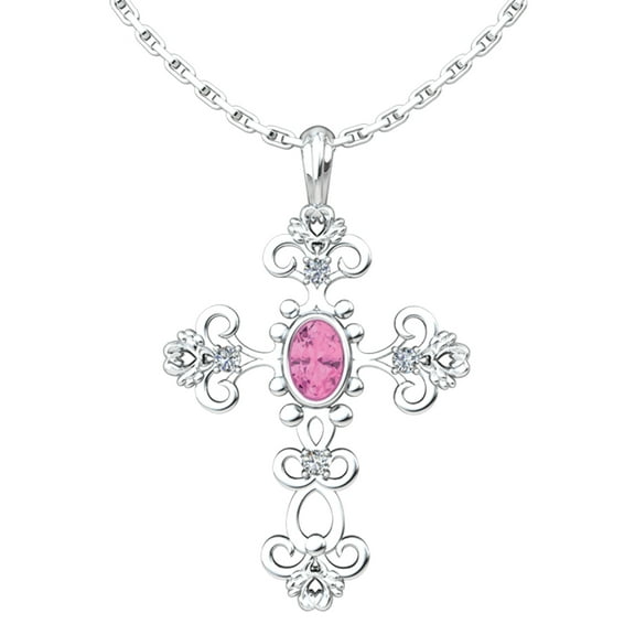 Antique Pink Tourmaline October Birthstone Cross Pendant - With 18" Sterling Silver Chain