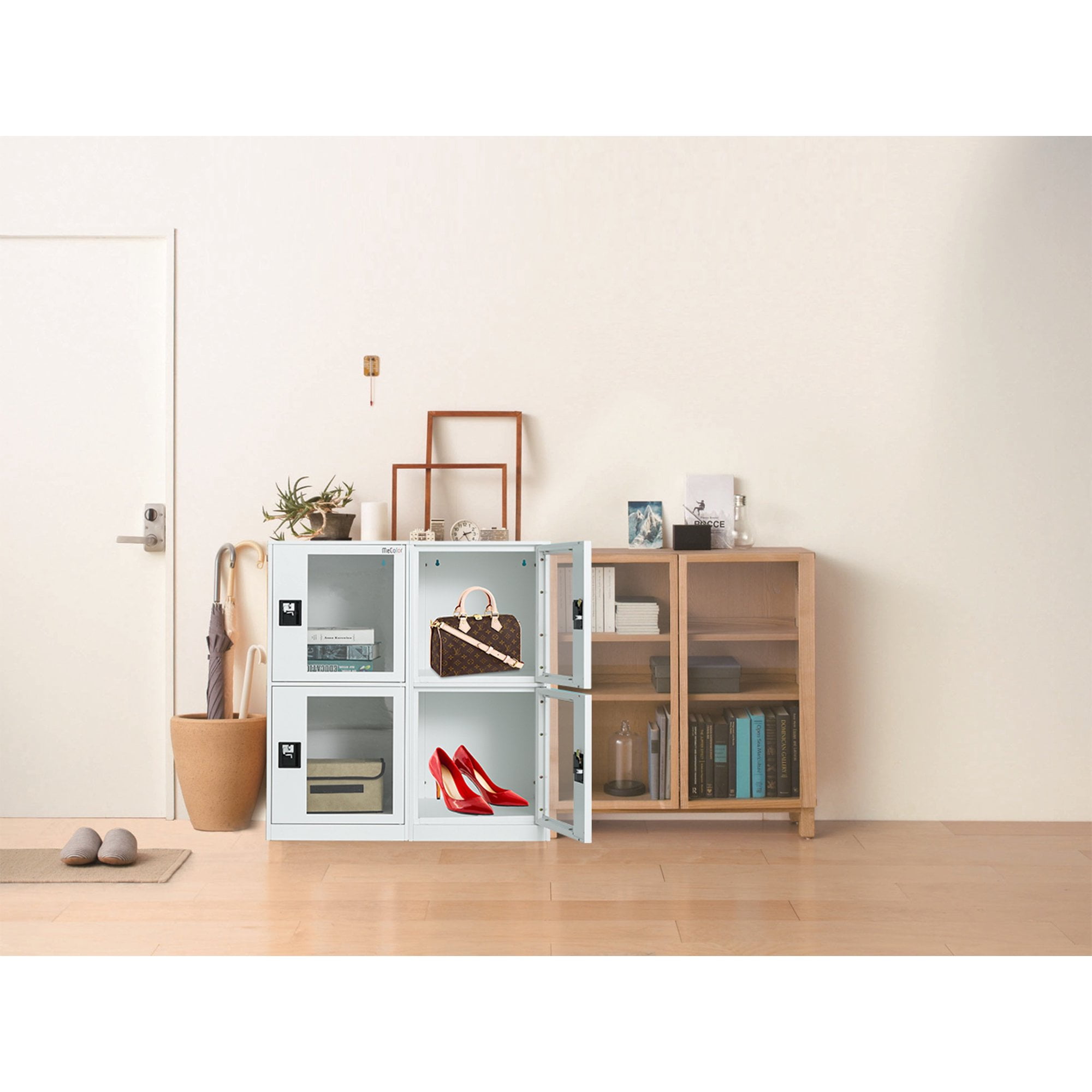MECOLOR -Metal Vertical Small Locker with Padlock latch 2 Compartment plastic transparent door file cabinet for kids room, school ,office, and gym.