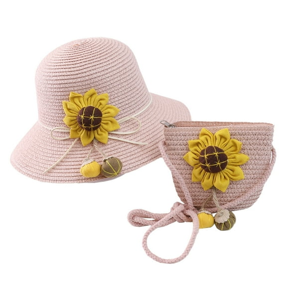Girls Straw Hat Sun Hat Summer Beach Hat with Sunflower, with Bag, Summer Hat Bag Set