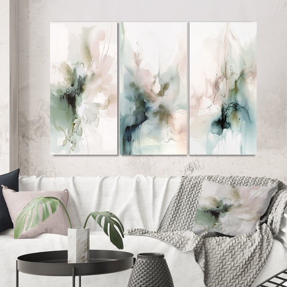 Designart "Modernity Essence Green and Cream III" Abstract Wall Art Set Of 3 - Green Marble Canvas Set For Living Room Decor