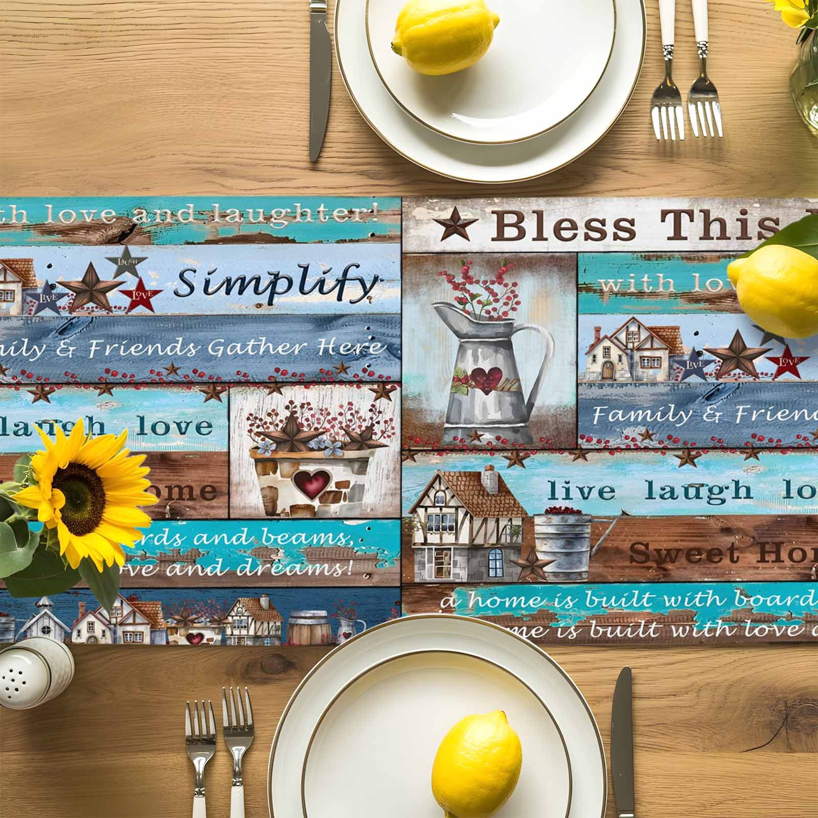Star Bless This Home Star Table Runner 90 Inches Long, Vintage Watercolor Farm Wood Grain Table Runners Tabletop Scarf Kitchen Dining Tables Decoration for Home Party Indoor Outdoor