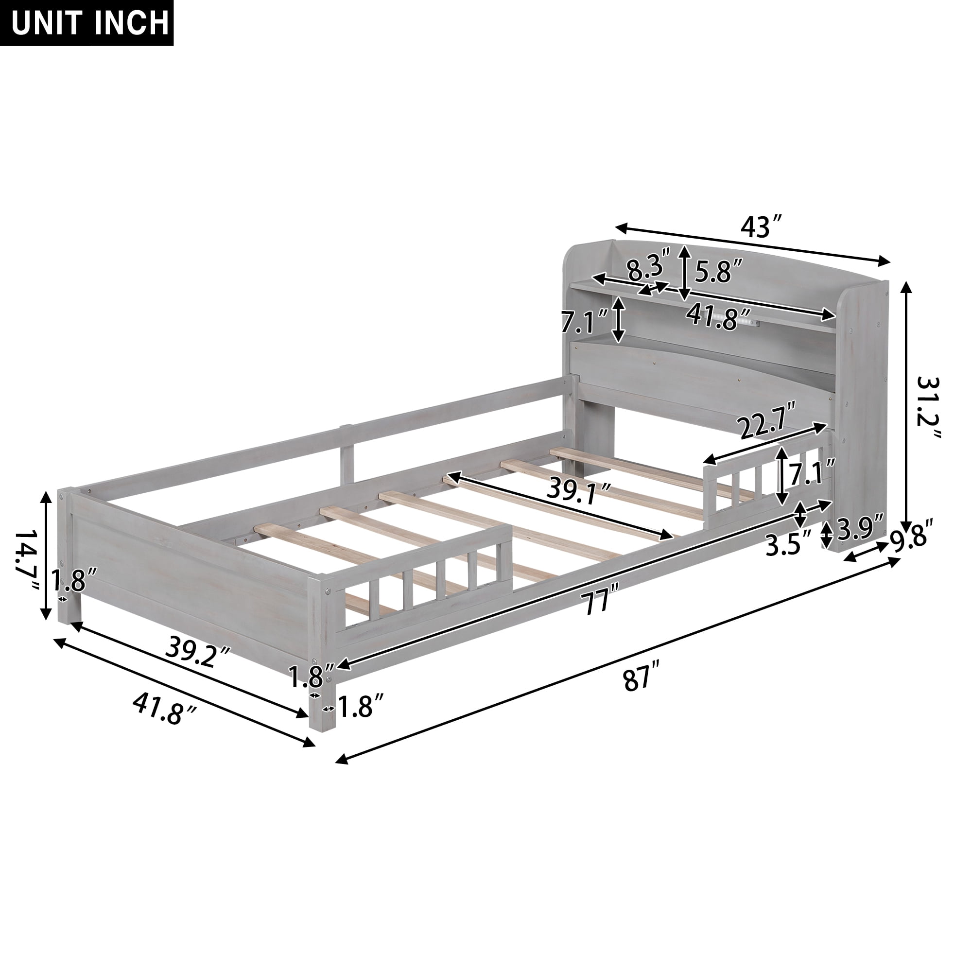 Harper & Bright Designs Kids Twin Size Bed with Storage Headboard and Built-in LED Light, Wood Twin Platform Bed Frame with Guardrail for Girls Boys, White