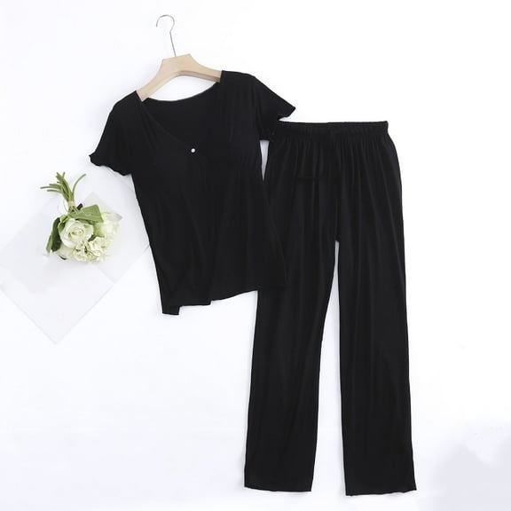 Fengqque Comfortable Fit Postpartum Maternity Maternity Nursing Set Solid White Striped Pregnant V-neck Short Sleeved Long Pants Set Suit Set