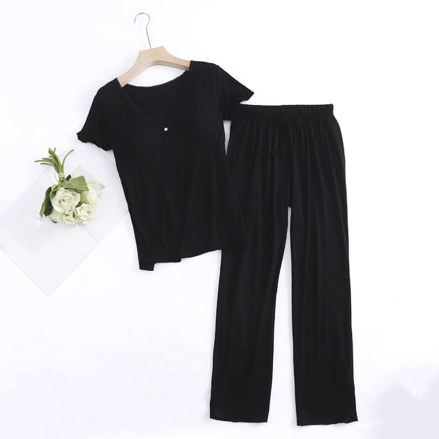 Grande Réduction, Ensemble Rayé Blanc Uni pour Femmes Enceintes, Haut à Manches Courtes et Pantalon Long, Tenue de Maternité Confortable, Mode Intemporelle/ 20 % Modal, 40 % Coton, 40 % Polyester, Noir, Sopatenor