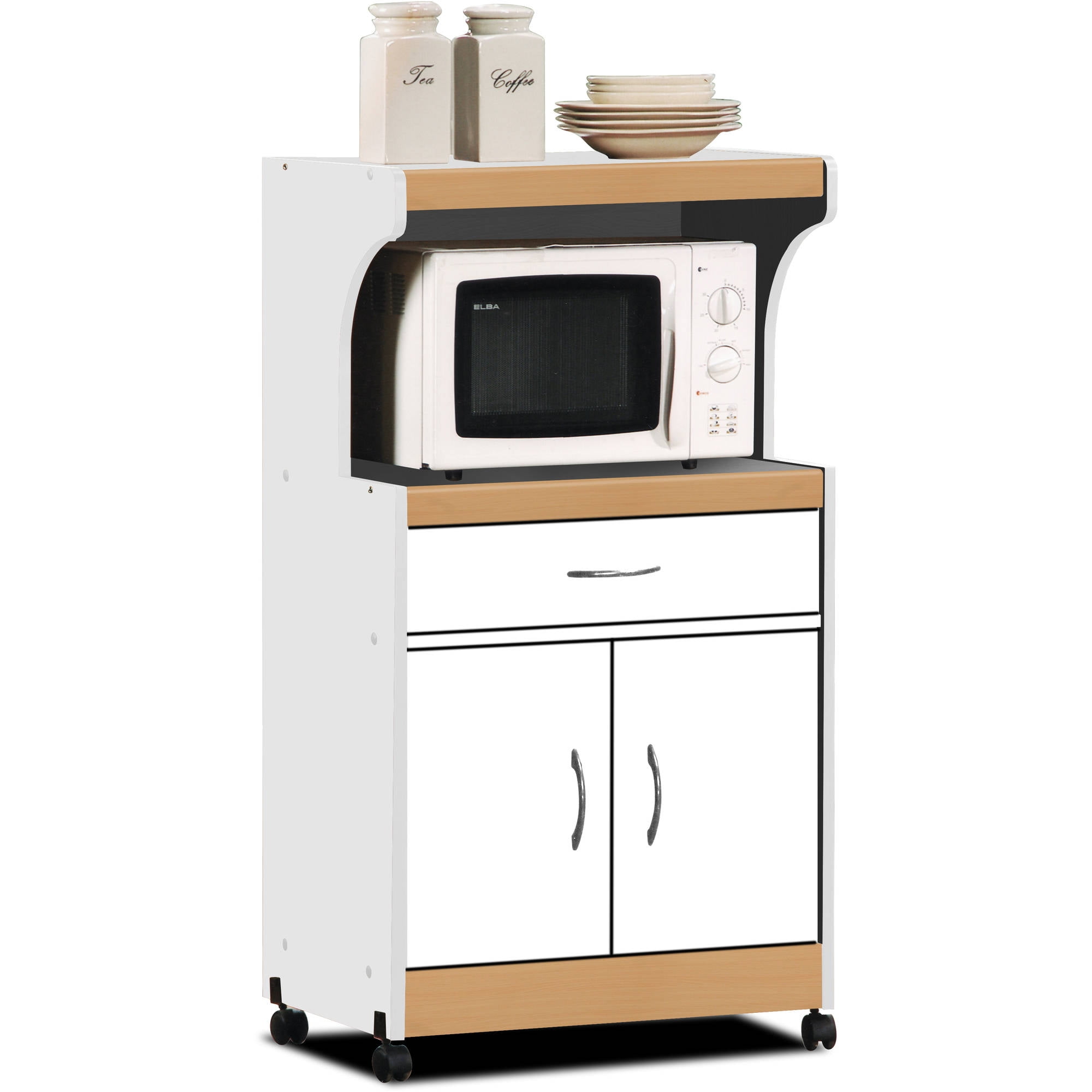 Hodedah Microwave Cart with One Drawer, Two Doors, and Shelf for Storage, White