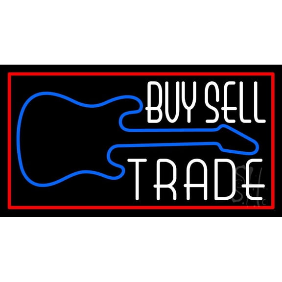 Buy Sell Trade Guitar 2 LED Neon Sign 13" Tall x 24" Wide - inches Black Square Cut Acrylic Backing, with Dimmer - Premium built indoor Sign for Studio, Club, Home dcor, Event, Workshop, Storefront.